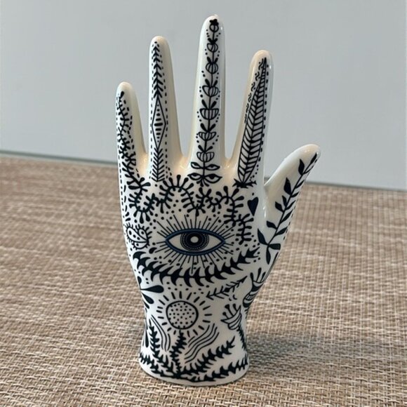 Ceramic Hamsa Hand White and blue Ancient Charm Ring Holder Stand Display - Picture 1 of 6
